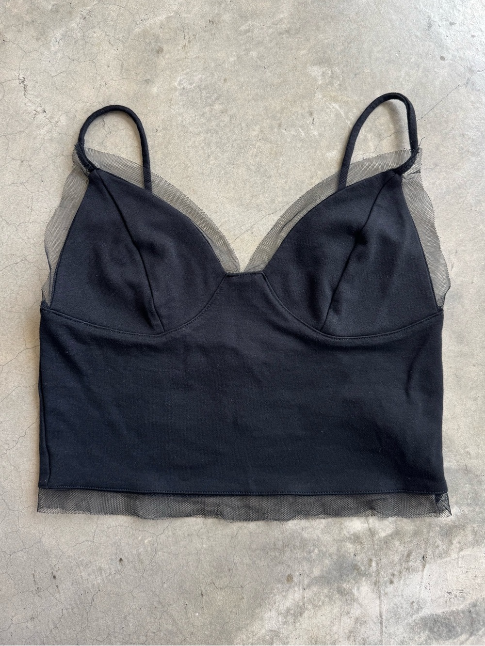 Black triangle crop top with mesh trim